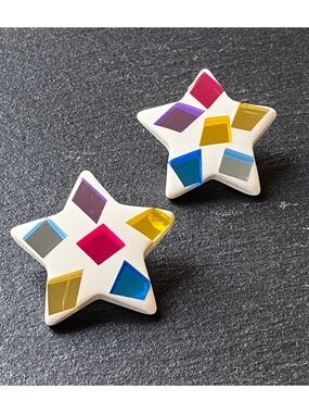 Vintage 80s Star Shape Statement Earrings off-white purple hot pink blue yellow